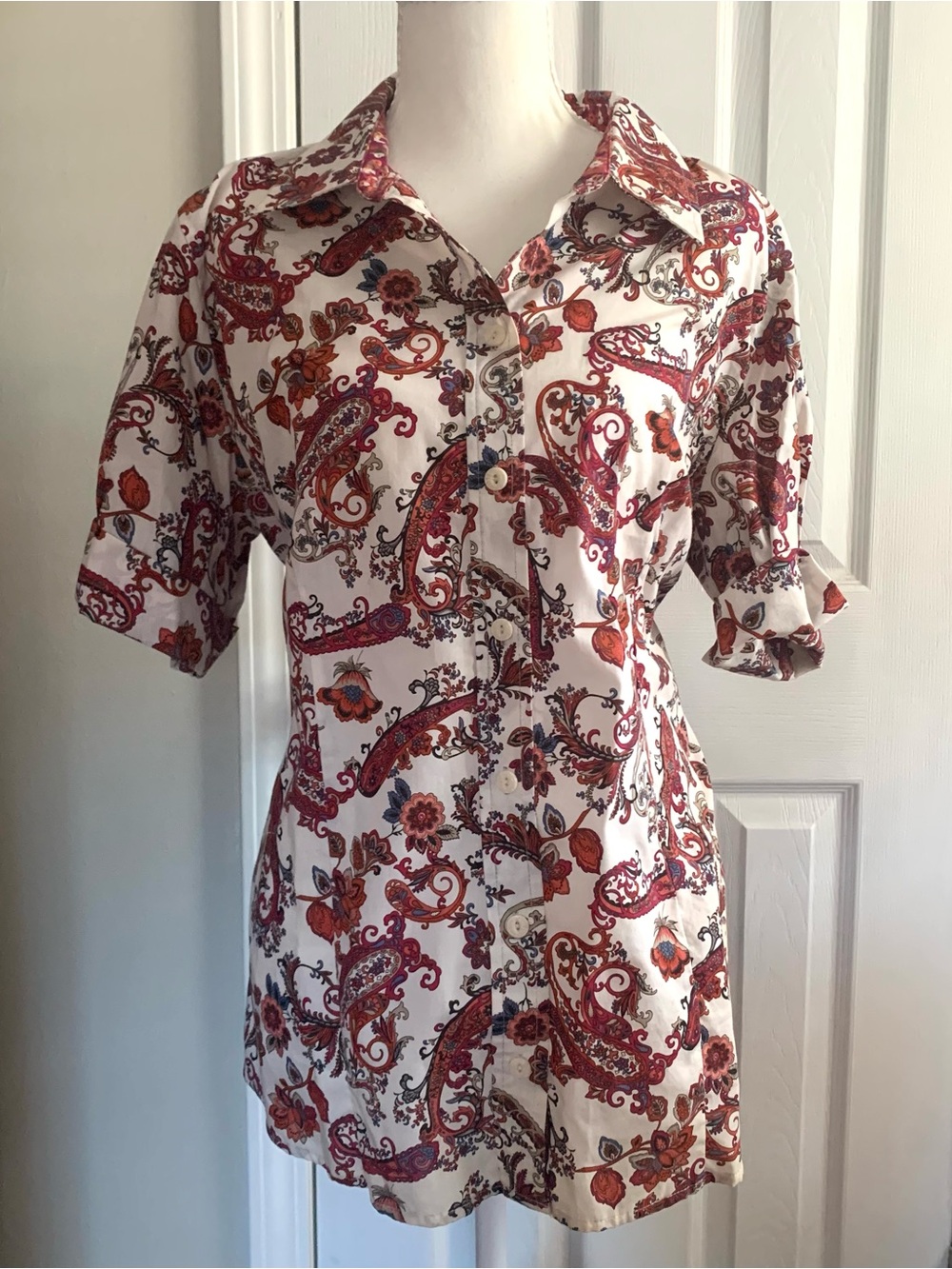 Fall Colors Paisley Shirt Short Sleeve Red Orange Brown Basic Editions Sz XL